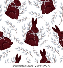 seamless pattern with chocolate Easter bunnies sitting on their hind legs and turned to the side with willow branches with gray ribbons arranged randomly, for Easter decorations