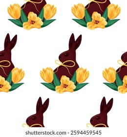 seamless pattern with chocolate Easter bunnies sitting on their hind legs and turned to the side with yellow tulips with yellow ribbons, for Easter decorations