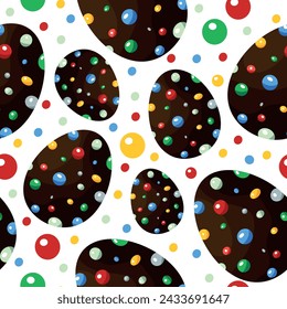 seamless pattern of chocolate easter eggs covered with round colorful sugar balls, element for design, poster or banner