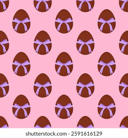 Seamless pattern with chocolate eggs and violet bows on pink background. Vector Easter editable background.