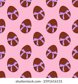 Seamless pattern with chocolate eggs and violet bows on pink background. Vector Easter editable background.