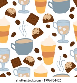 Seamless pattern with chocolate elements and coffee mugs, world coffee day, international coffee day, international chocolate day, cartoon illustration, coffee mugs, chocolate bar and candy