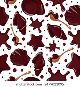 seamless pattern of chocolate figures of various seashells, chocolate spots and spoons with chocolate for world chocolate day, for design, poster or banner