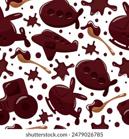 seamless pattern of chocolate figures of various transport with airplanes, chocolate stains and spoons with chocolate for world chocolate day, for design, poster or banner