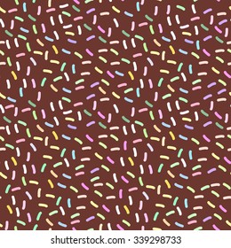 seamless pattern, chocolate Glaze with sprinkles. Brown background. Vector