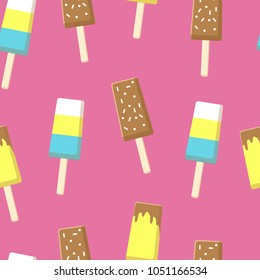 Seamless pattern with chocolate ice cream on stick coconut powder, three color on stick vector illustration Homemade refreshing dessert texture