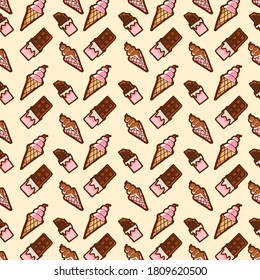 seamless pattern with chocolate ice cream with cone and chocolate bar. hand drawn vector. modern scribble for kids, fabric, cover, backdrop, banner, wrapping paper and gift. doodle dessert for kids. 