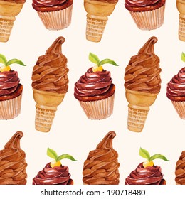 Seamless pattern with chocolate ice cream waffle cone and chocolate cupcake. Watercolor illustration on texture paper. Vintage style. Vector.