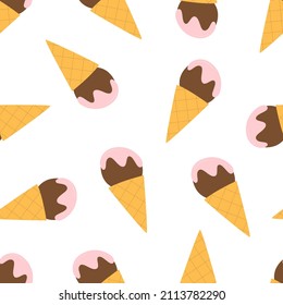 Seamless pattern of chocolate ice cream with pink topping in a waffle cone. Isolated, on a white background. Flat vector.