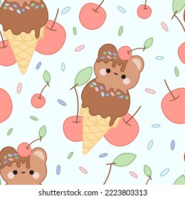 Seamless pattern of chocolate ice cream in a bear-shaped cone with sprinkles and strawberries. On a white background.