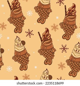 Seamless pattern with chocolate ice cream in taiyaki fish. Vector graphics.