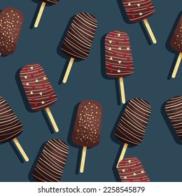 Seamless pattern with chocolate ice cream on a stick. Kartun. Print for packaging. Vector stock illustration. Food. Sweet for kids