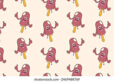 Seamless pattern with chocolate ice cream. Wrapping paper, texitile, fabric, wallpaper, background vector illustration. Cute retro groovy frozen dessert character.