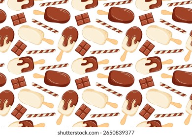 Seamless pattern with chocolate ice cream and wafer in cartoon style. Perfect for summer packaging, dessert menu and sweet food theme project.