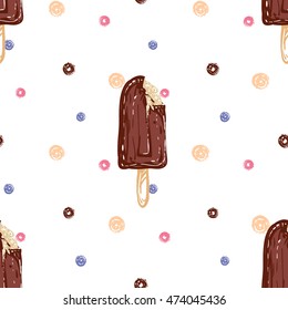 Seamless pattern with chocolate ice cream on stick and color dots. Hand drawn sketch elements in decorative fashion style. Bakery, ice-cream dessert inspired illustration.