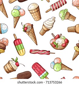 Seamless pattern with chocolate ice cream and sweet food dessert, chocolate and vanilla ice cream. Vector illustration