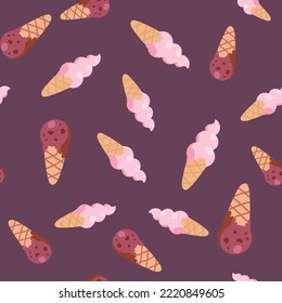 Macarones de chocolate y muffins sin foco al estilo de las caricaturas. Patrón para textiles, diseño de cocina y toallas y delantales, tejidos y envolturas para niños.