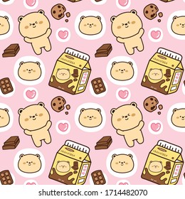 Seamless Pattern Of Chocolate Milk Box With Bear On Pink Background.Cute Cartoon Hand Drawn.Kawaii Style.Animal,heart,cookies Doodle.Image For Card,poster,banner,wallpaper,kid Wear.Vector.Illustration