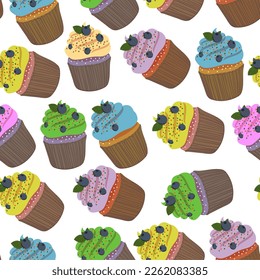 Nahtloses Muster von Schokoladenmuffin mit Blaubeercreme. Cupcake mit Blaubeeren dekoriert und eine blatt.color Vektorgrafik in flachem Stil.Set von Lebensmittelvektorgrafiken.