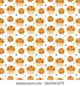 Patrón sin fisuras con muffin de chocolate y galleta. con gotas de chocolate. panadería, comida, tema de pastelería.
