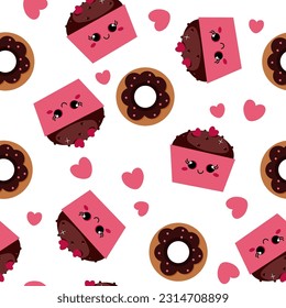 Patrón sin foco de tortitas de chocolate donuts y corazones
