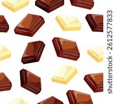 Seamless pattern with chocolate pieces in cartoon style. Vector illustration of delicious black, white, milk chocolate isolated on white background. Packaging, wrapping paper. Banner.
