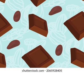 Seamless pattern of chocolate pieces and cocoa beans on blue background with outlined drawings. Vector illustration.