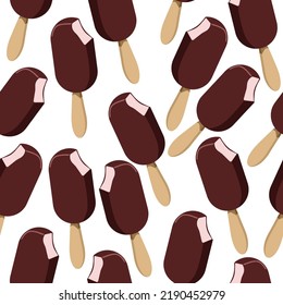 Seamless pattern of chocolate popsicle ice cream on a wooden stick on a white background.Vector pattern can be used in menus,textiles, packaging, notebook covers.
