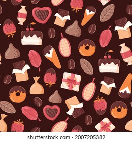 Seamless pattern of chocolate products on a dark background. Ideal for wrapping paper, postcards, business cards. Vector illustration.