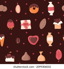 Seamless pattern of chocolate products on a dark background. Ideal for wrapping paper, postcards, business cards. Vector illustration.