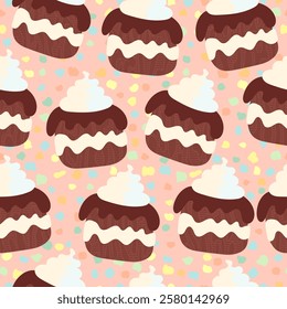 Seamless pattern with chocolate sponge cake - hand drawn vector illustration.