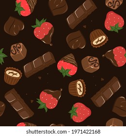 Seamless pattern with chocolate and strawberries. Vector graphics.