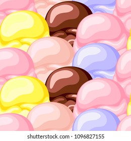 Seamless pattern chocolate, strawberry, blueberry, caramel and banana ice cream scoops