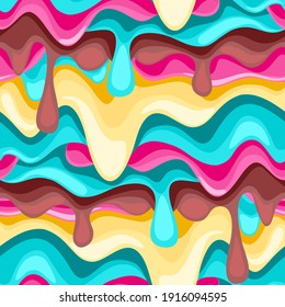 Seamless pattern chocolate, strawberry, blueberry, mint, vanilla, caramel, lemon and banana ice cream.