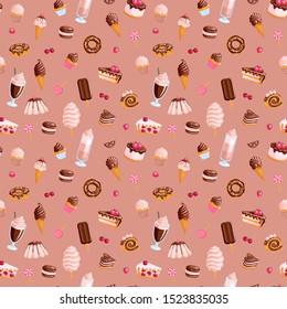 seamless pattern of chocolate sweet food. Donut, ice cream, muffins, smoothies, macaroons and candies with cacao topping on choco background.Texture for fabric, wrapping, wallpaper. Decorative print.