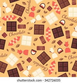 Seamless pattern with chocolate sweets isolated on beige background. White, black, milk chocolate bars and candies of different types. Yummy delicious sweets. Cacao products. Vector design.