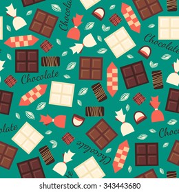 Seamless pattern with chocolate sweets isolated on green background. White, milk and black chocolate bars and candies. Tasty gourmet items. Can be used for wallpaper and wrapping paper. Vector 