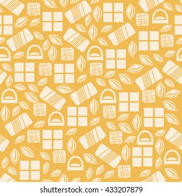 Seamless pattern with chocolate sweets isolated on yellow background. Assortment of cocao items. Various tasty gourmet products. Can be used for wallpaper and wrapping paper. Mix. Vector