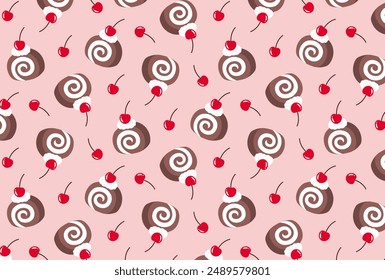 seamless pattern with chocolate swiss roll cakes with cherry for banners, cards, flyers, social media wallpapers, etc.