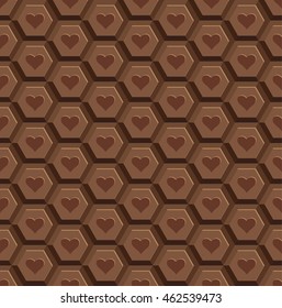 Seamless pattern from chocolate tiles with a print "heart". Brand of quality of chocolate. We will apply as an element of packaging, a wrapper, a background. Vector illustration.