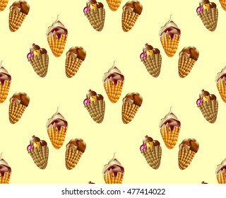 Seamless pattern with chocolate, vanilla, strawberry and caramel ice creams