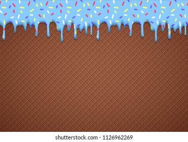 Seamless Pattern with Chocolate Waffle and Blue Glaze with Sprinkles. Colorful Vector Food Background. Ice Cream Cone Illustration