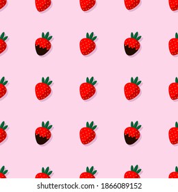 Seamless pattern with chocolate-covered strawberries on a pink background. Sweet strawberries for Valentine's Day. Trending pattern for wrapping paper, templates, backgrounds, banners, postcards, web