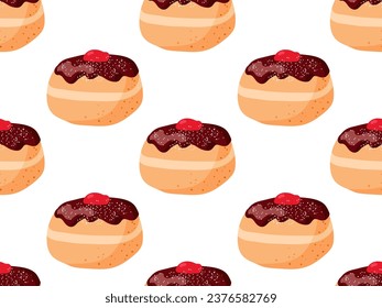 Seamless pattern with chocolate-glazed and red jam doughnut. Cartoon flat vector illustration with Traditional Chanukah donuts. Pastry donut background for wallpaper, wrapping, textile, scrapbooking