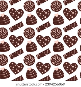 Patrón sin foco con bombones en forma de corazón, círculo y barra de chocolate con hielo rosa. Antecedentes de San Valentín. Ilustración plana vectorial.