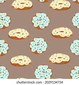 Seamless pattern with chocolates and donuts. Donut with icing and chocolate chips, bakery, chocolate bar, isolated pieces, milk and white chocolate. Cartoon illustration, modern design. Vector, Print