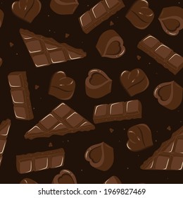 Seamless pattern with chocolates and pieces of chocolate bars. Vector graphics.