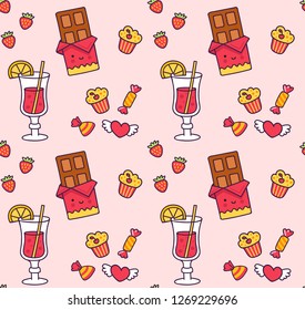 Seamless pattern with chocolates, sweets, mulled wine, cupcake, strawberries, hearts on a pink background. Print for textile, fabric, decor, paper, wallpaper. Vector illustration.