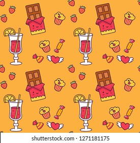 Seamless pattern with chocolates, sweets, mulled wine, cupcake, strawberries, hearts on a yellow background. Print for textile, fabric, decor, paper, wallpaper. Vector illustration.