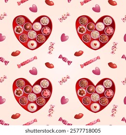 Seamless pattern with chocolates in a Valentine's Day box on a pink background. The concept of romance, love. Vector illustrations for posters, banners, postcards, invitations and covers.